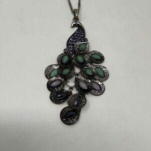 Boho Peacock Statement Pendant Long Necklace Gunmetal Blue Green